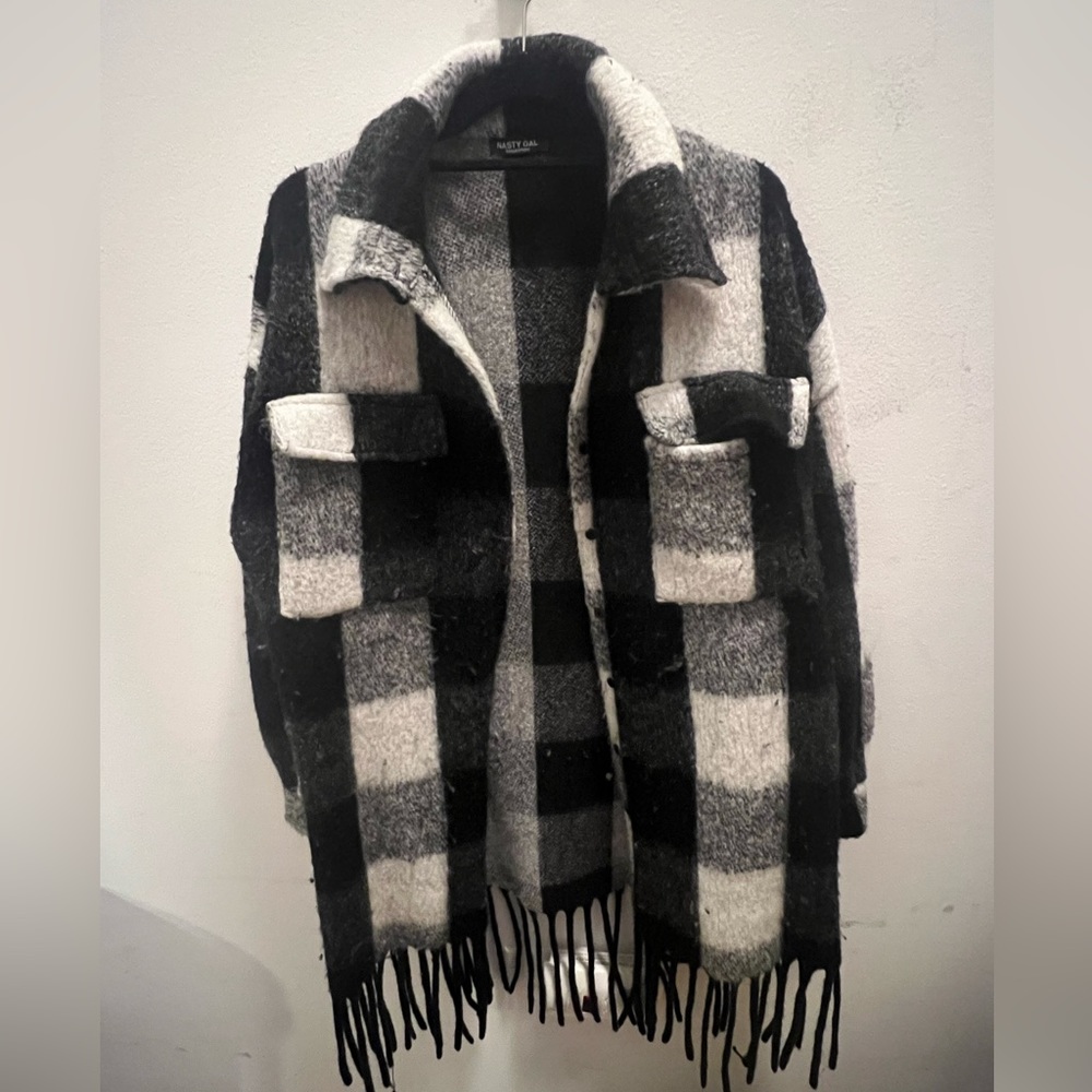 Nastygal Tassel Brushed Wool Longline Check Jacket
